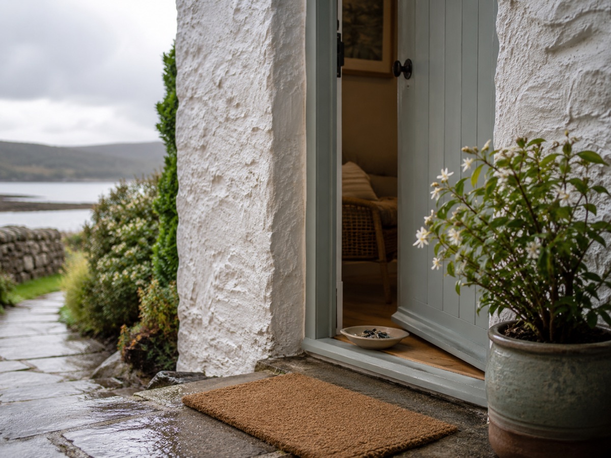 Whitewashed cottage doorway with a sea view near Dunoon