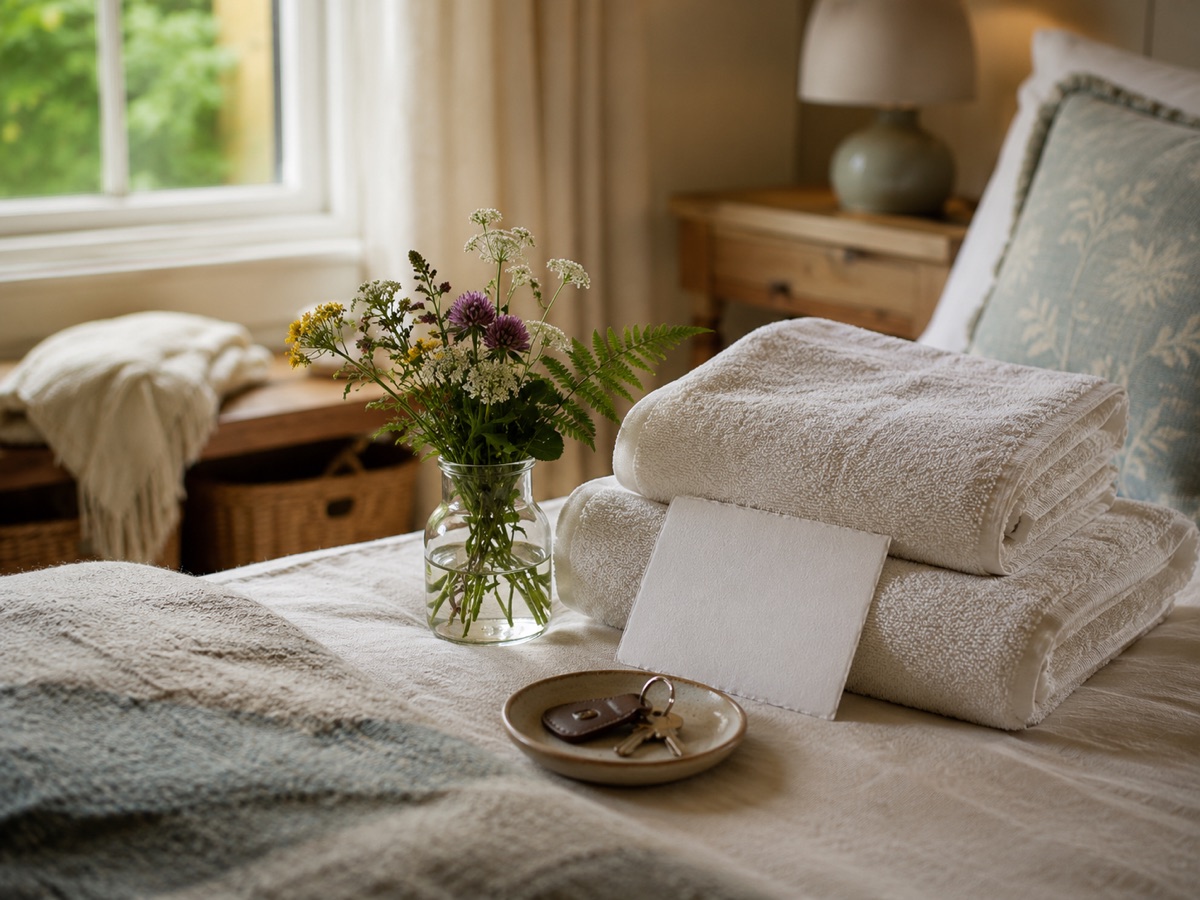 Folded fresh towels, keys and wildflowers laid out on a bed