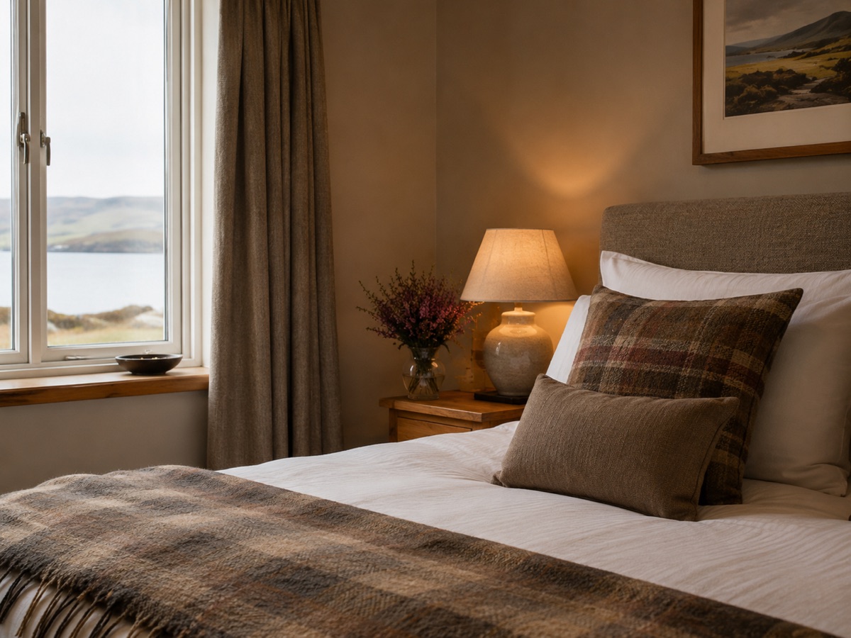 A guest bedroom with Harris-tweed cushions, a lamp and a sea view