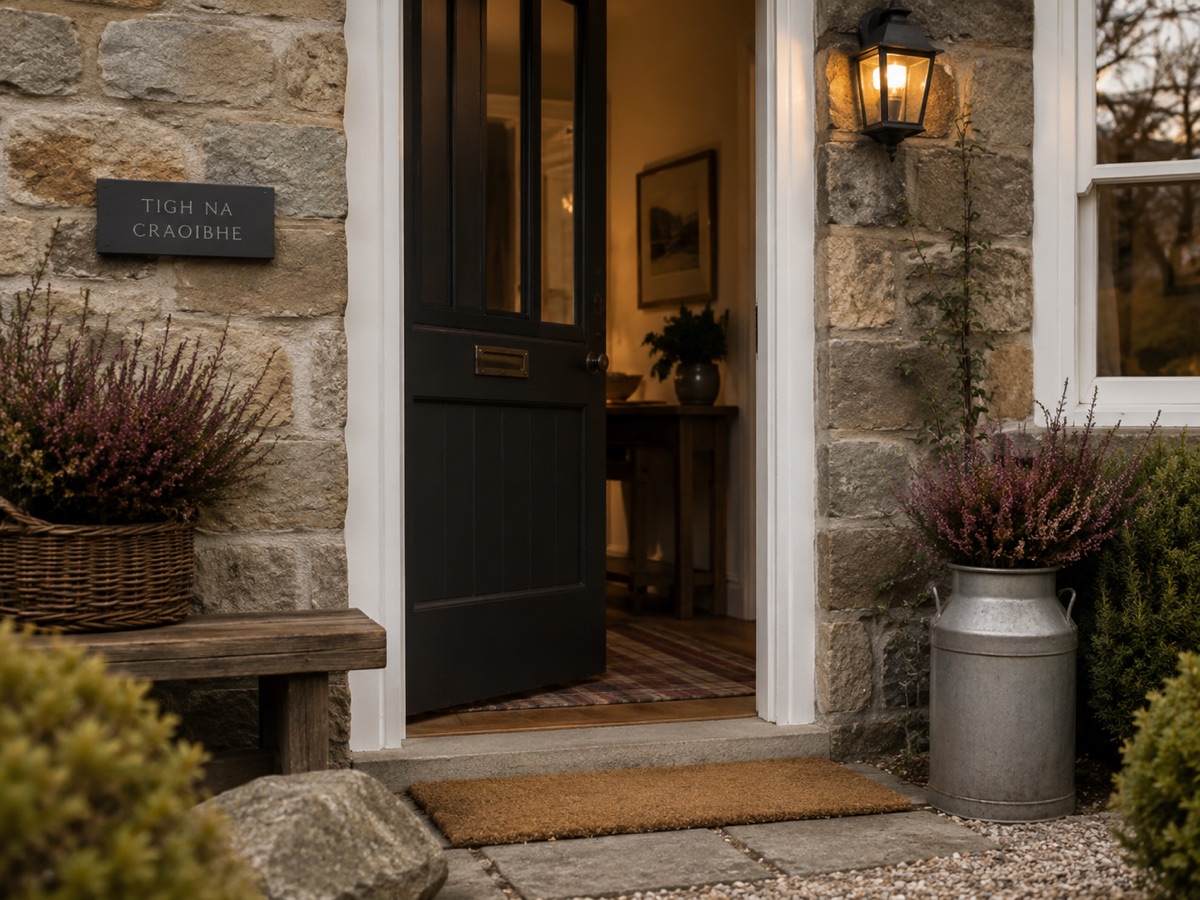 The lamplit front door of a stone cottage at dusk, with heather in a milk churn