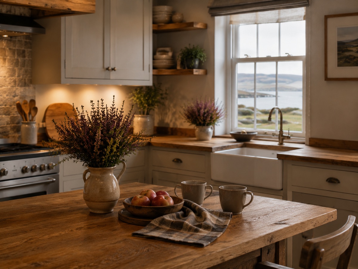 A cottage kitchen with heather, mugs and a sea view near Dunoon