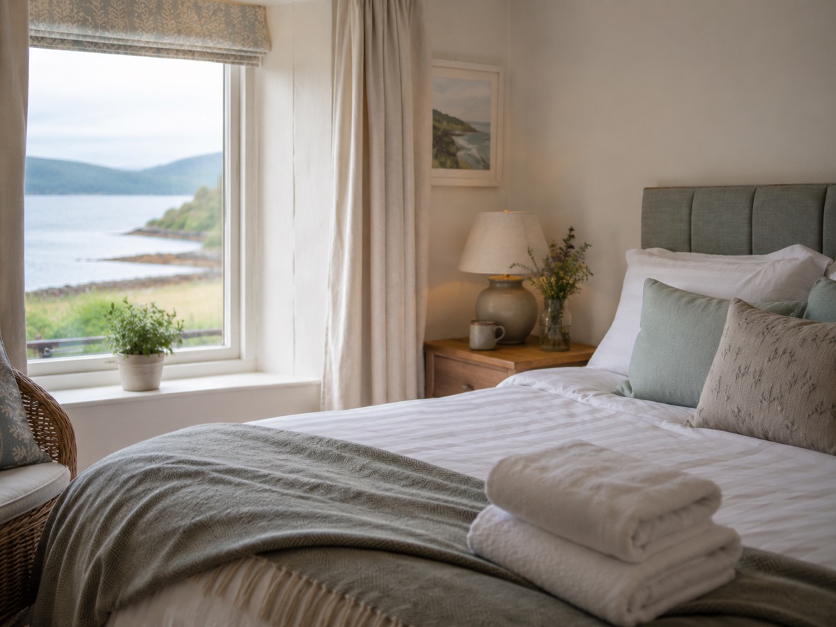 A made-up guest bedroom with folded towels and a sea view