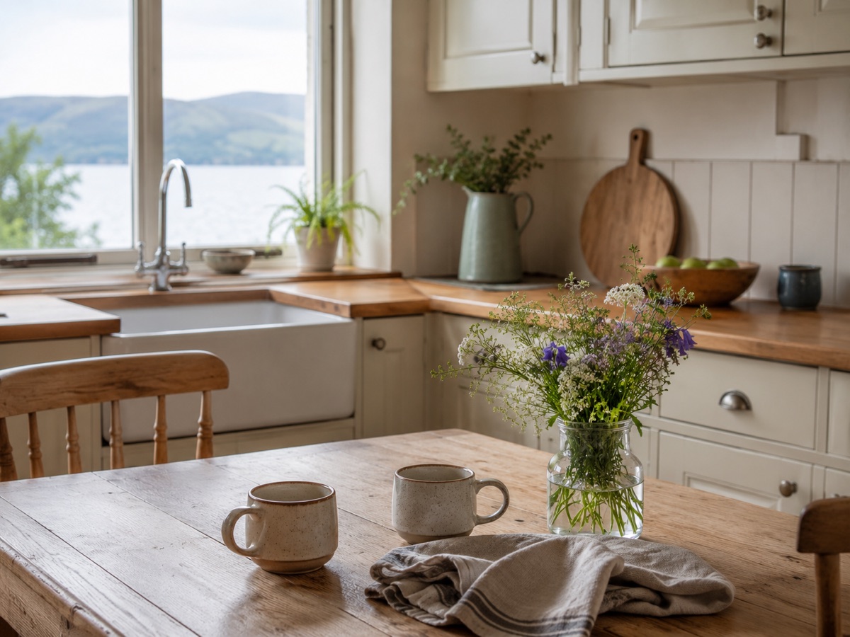 A cottage kitchen with two mugs, wildflowers and a sea view